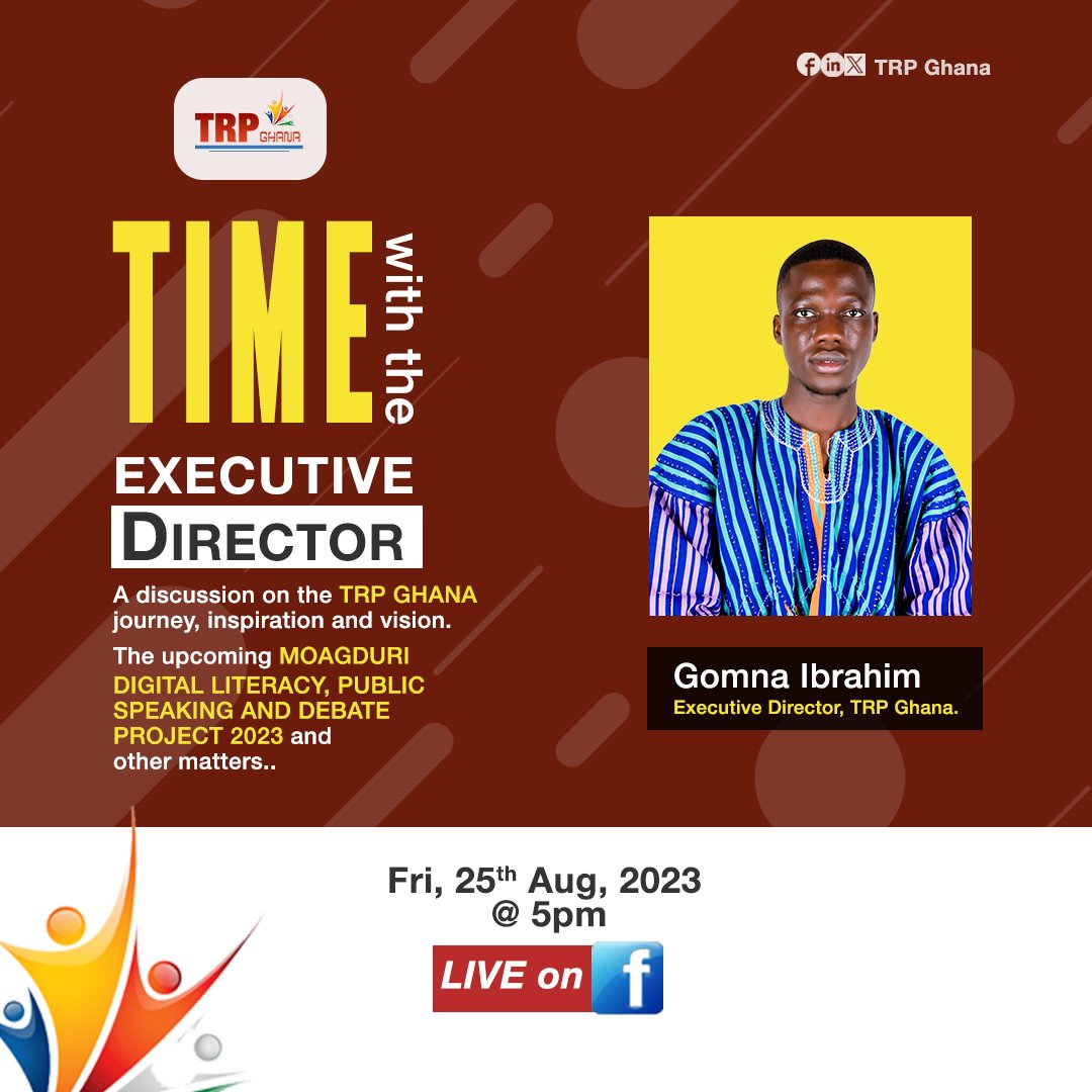 Trp_ghana's tweet photo. Join us this Friday at #5pm as our Executive Director Gomna Ibrahim on the TRP journey so far and the overall vision.
We would also talk about the upcoming TRP 2023 project.
Share your recommendations and criticisims as we journey together.
#Project2023 #transformationbeyond https://t.co/xAtY7JYbWO