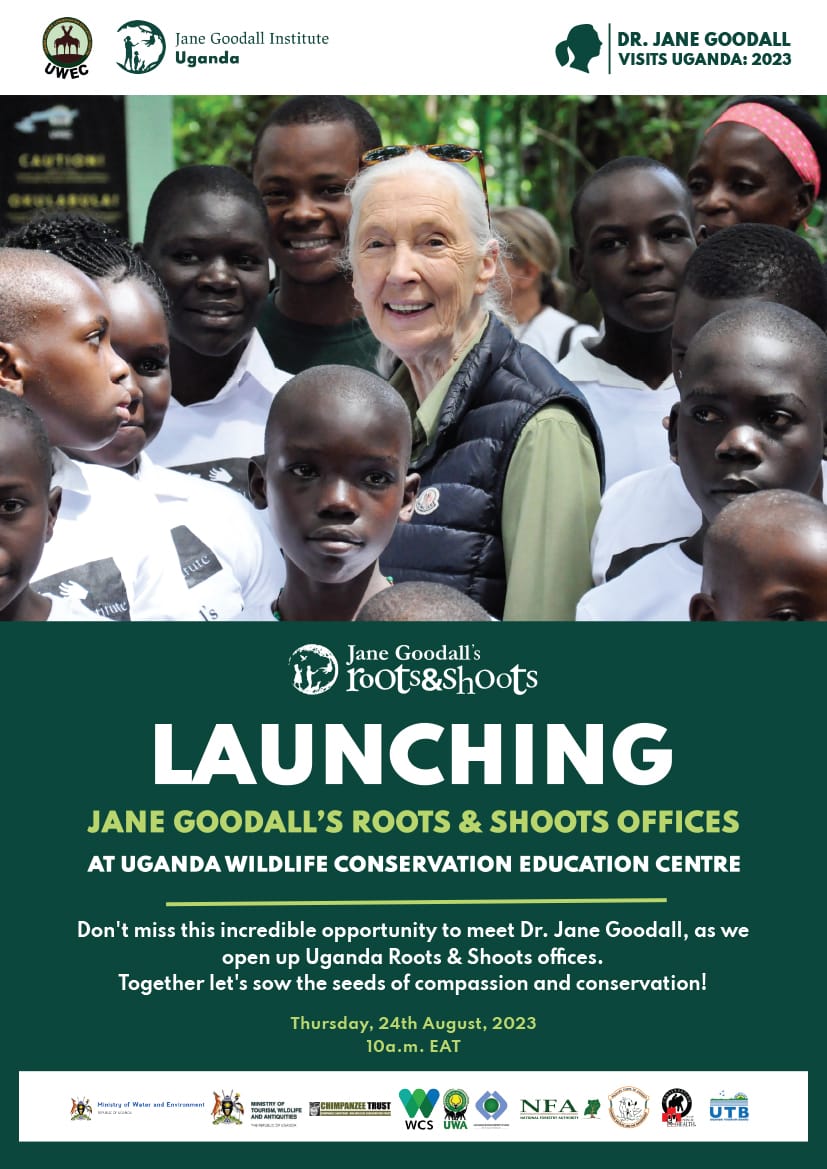 We can't wait to welcome @JaneGoodallInst at @UWEC_EntebbeZoo tommorrow| Thursday, 24th August 2023. 
#Rootsandshoots