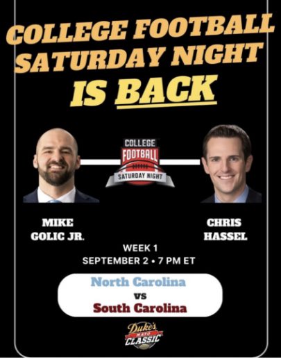PUMPED to announce I have joined <a href="/LEARFIELDAudio/">LEARFIELD Audio</a> to call national games with the incomparable <a href="/mikegolicjr/">Mike Golic Jr</a>!

Extremely honored to join the great College Football Saturday Night team 🙏

After UNC/S. Carolina we head to Tuscaloosa for Texas at Bama!

learfield.com/2023/08/learfi…