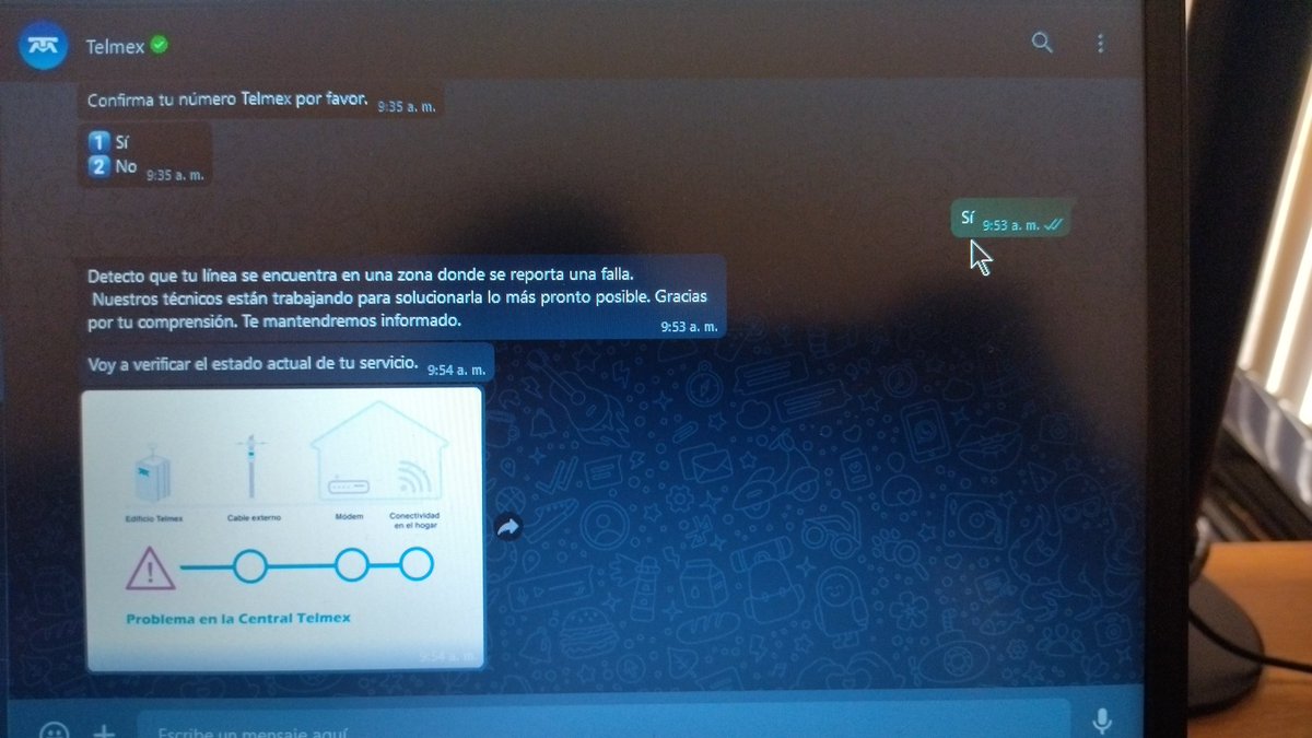 elpanino7's tweet photo. @TELMEXSoluciona para cuando la solución a un "problema en la central Telmex"? Llevo casi cuatro días sin teléfono e internet, una locura para quienes trabajamos desde casa y no puedo hablar con alguien porque todos los informes los dan por whatsapp, donde dicen siempre lo mismo. https://t.co/vuiqpA7h4m