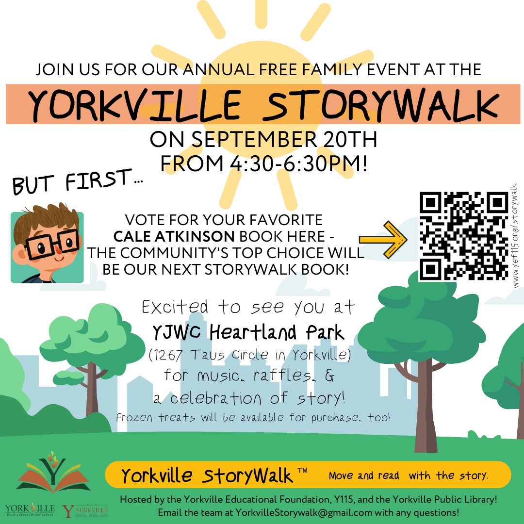 Voting remains open for your favorite Cale Atkinson book to be installed for the Yorkville Storywalk Family Event on Sept. 20th. Vote today at  yef115.org/storywalk. Voting ends on Sept. 8th. See below for more information. <a href="/YEF115/">YEF 115</a>