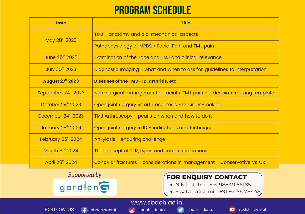 Dear Delegate

You are invited to a TMJ Masterclass
When: Aug 27, 2023 11:00 AM Mumbai, Kolkata, New Delhi
Topic: Diseases of the TMJ - ID, Arthritis,etc 
Register in advance for this webinar:
us06web.zoom.us/webinar/regist…

After registering, you will receive a confirmation email