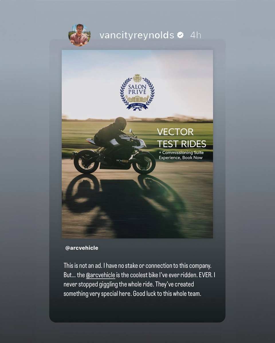 ArcVehicle's tweet image. We had a fantastic review from a VIP customer&apos;s Instagram Story this morning... 
Thank you @VancityReynolds 

#arc #arcvector #review