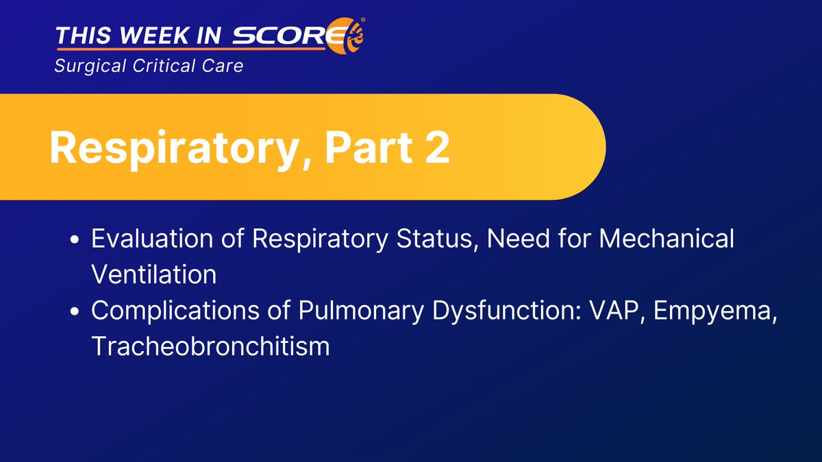 This week's #SurgicalCriticalCare quiz covers Respiratory, Part 2. There are 2 topics and 6 conference prep questions to study from. To see the full #SCC #TWIS schedule, go to: ow.ly/ml2R50PCyt1 #MedEd #SurgEd #CriticalCare #TraumaCare @SURGCC