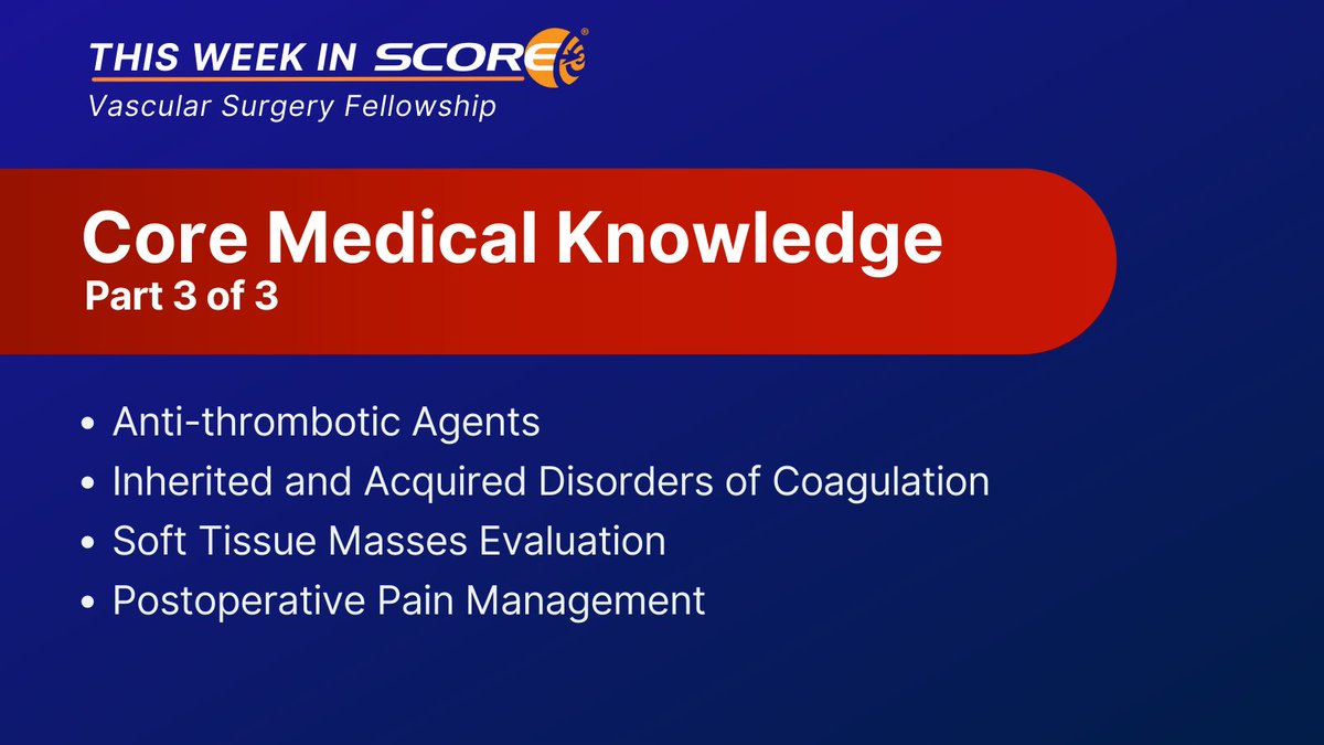 SCOREvasc's tweet photo. This week's #VascularSurgery Fellowship quiz addresses Core Medical Knowledge. There are 4 topics and 15 conference prep questions to review. To check out the full #VSCORE #TWIS schedule, go to: https://t.co/Ppg7hXBJbX #MedEd #Vascular #VascularFellowship #SurgEd #VSITE https://t.co/ckD37GkHsB