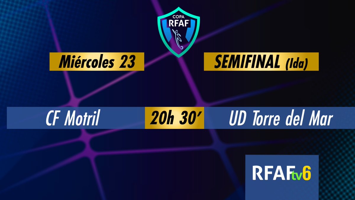 RFAF's tweet photo. ⚽️ Los miércoles son los nuevos domingos. ¡Más y más fútbol en @RFAF_tv! ¡No se olviden de las SEMIFINALES de la #CopaRFAF! ¡Afrontamos los partidos de IDA!

🏆 #CopaRFAF - IDA de SEMIS
➡ @CFMOTRIL 🆚 @udtorredelmar71 
⏰ 20:30h
📺 #RFAFtv6

➡  @XEREZ_CD 🆚 @SalermPG
⏰ 21h
📺 #RFAFtv7  

🕺 ¡Qué el ritmo de la redonda NO pare!