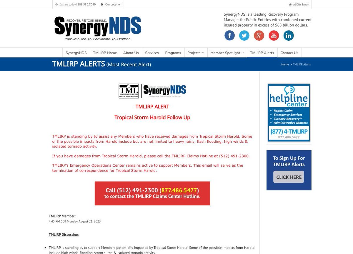 TMLIRP Alert: Harold Follow Up - TMLIRP is Standing by to Support Any Assistance Needed Post Harold Landfall - How to Report Damages to TMLIRP. Additional Information at synergynds.com/tmlirp-alerts/
