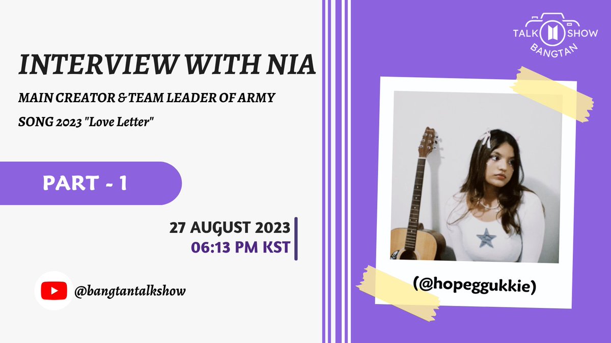 [EPISODE - 6] Nia - Love Letters Song Leader

PREMIERE On our YouTube Channel.

DATE: 27 August 2023
TIME: 06:13 PM KST

#LoveLettersforBTS
#LoveLettersbyARMY
#ARMYsSongForBTS2023
#BTSARMY
#BangtanTalkShow