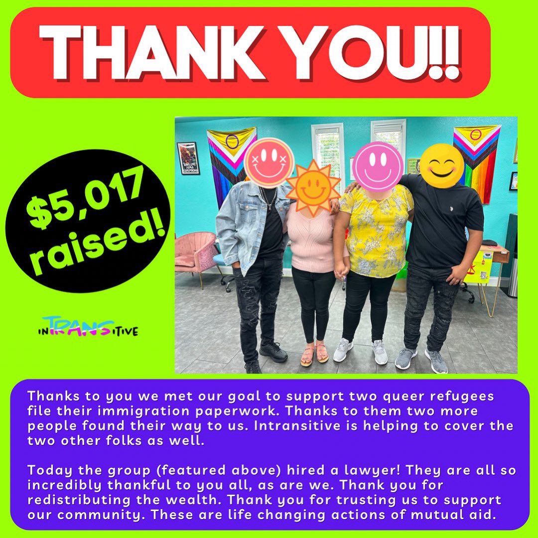 🏳️‍🌈 Together we raised $5,017 of our $5,000 goal to help queer refugees! Yesterday they hired an immigration attorney! Ensuring folks have legal representation is crucial to minimizing abuse that so often happens to migrants and refugees. #MutualAid #Community