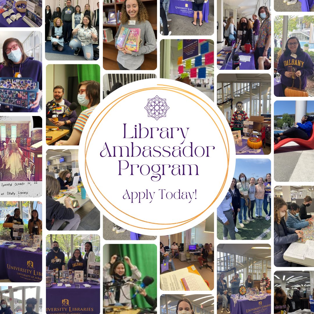 UAlbanyLibs's tweet photo. Become a Library Ambassador today! 

The Library Ambassador Program aims to increase awareness of the Libraries' resources, services, and spaces at UAlbany.

Learn more here and apply: https://t.co/uJSM5Gx05X

#UAlbany #UAlbanyLibraries #LibraryAmbassadors https://t.co/GdmsIlD6be