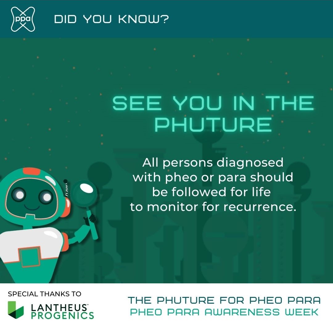 PheoPara's tweet photo. Lifelong monitoring is critical! All #pheos #para can recur even after many years of remaining tumor-
free & cause serious health problems or even metastasize if left untreated. #pheoparaphearless
#phutureforpheopara #PheoParaAwarenessWeek https://t.co/oI43M47Rci