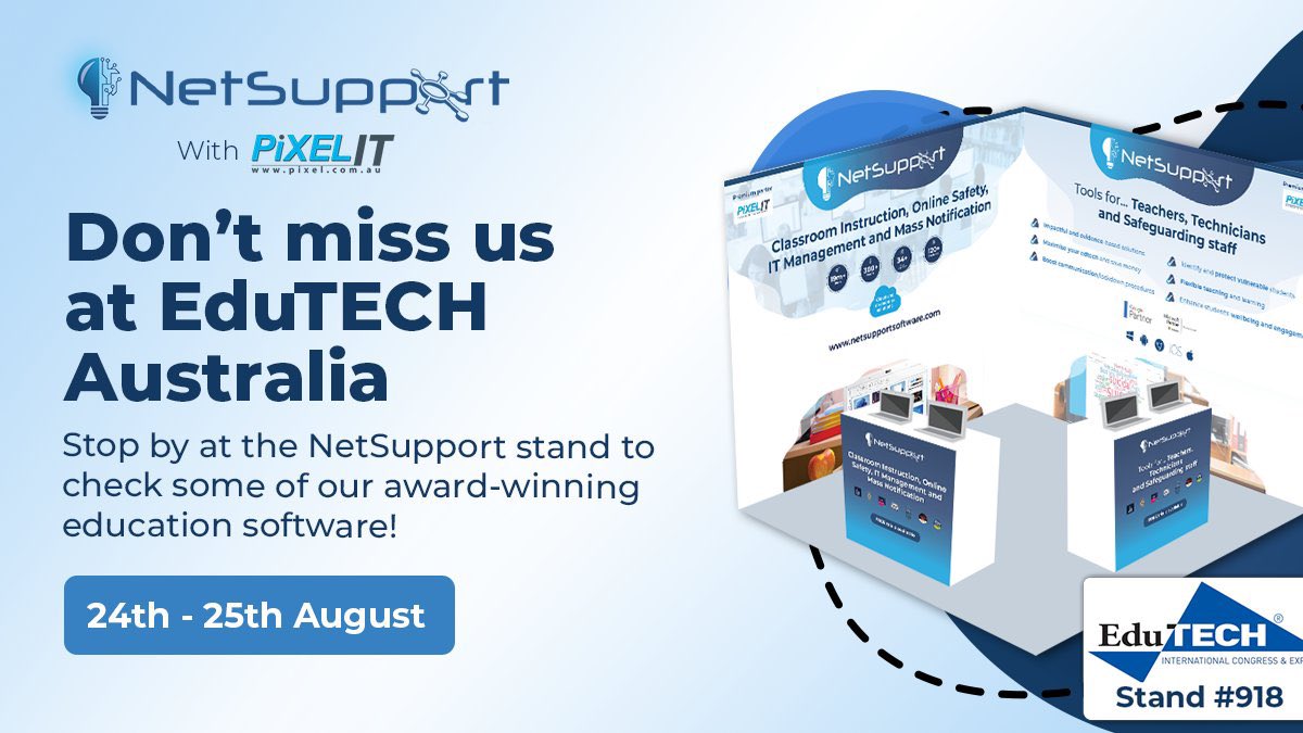 The doors to @EduTECH_AU open in just a few hours! Make sure you head to Stand #918 where you’ll be able to see smiling faces, product demos (and maybe even grab some freebies 😉)!

#EduTECH2023 #EdTech #NetSupport