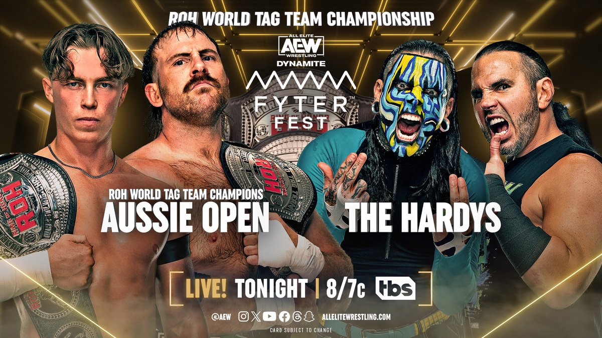 AEW's tweet image. #ROH World Tag Team Champs #AussieOpen @kylefletcherpro &amp;amp; @dunkzilladavis will put the titles on the line against The Hardys @matthardybrand &amp;amp; @jeffhardybrand TONIGHT on #AEWDynamite Fyter Fest LIVE from Duluth, Georgia at 8pm ET/ 7pm CT on @tbsnetwork!