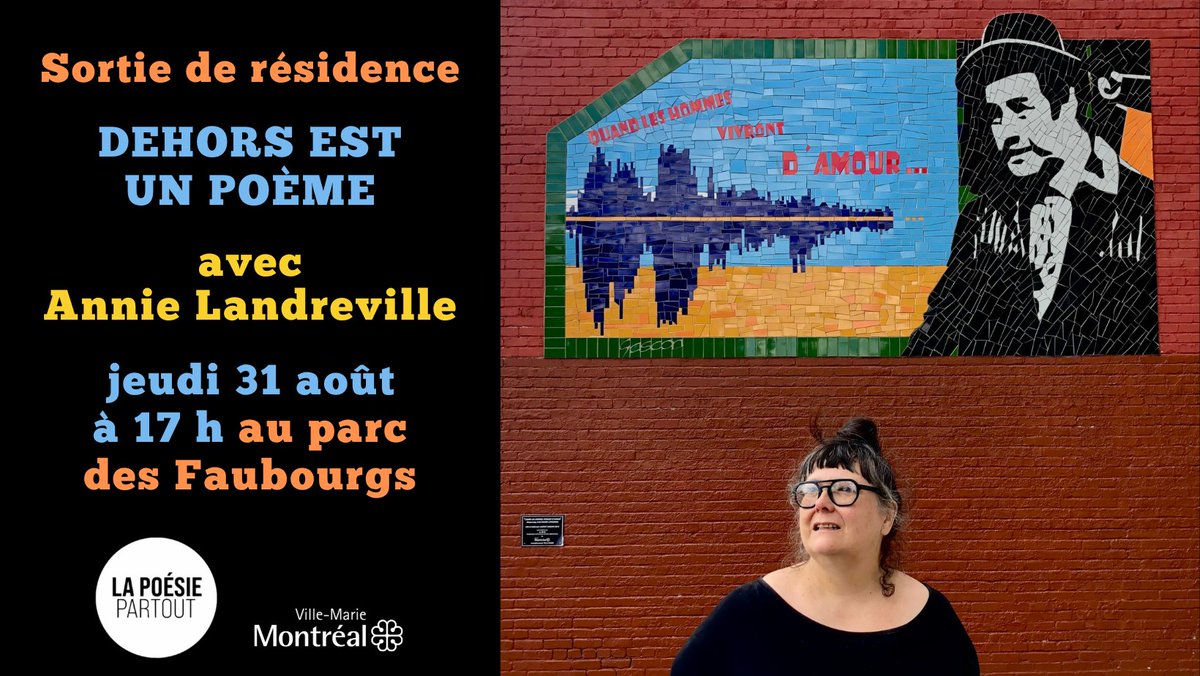 Depuis le début du mois, Annie Landreville mène un projet de création à la murale Raymond Lévesque. Elle en parle demain, 24 août, à l'émission Libraire de force. Et jeudi prochain, elle le présente en compagnie de Maxime Catellier, Frédéric Darveau et Robert Ménard.