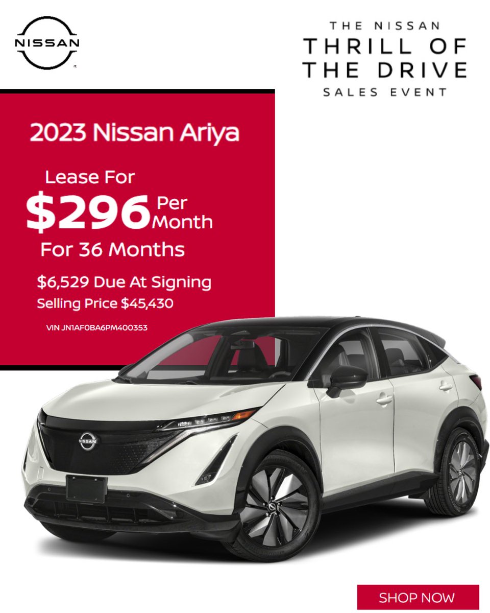 Thrill of the drive sales event 🏁

Get into a new 2023 Nissan Ariya today 💨

#Nissan #TeamNissan #NissanSUV #SUV #FamilySize #SportSUV #CarSale #NissanFamily #NewCarFeeling