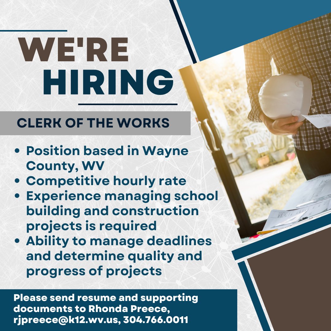 Attention Wayne County Job Seekers! Looking for a seasonal job with a competitive hourly rate? Look no further, we are hiring a clerk of the works for September 2023 through January 2024. Check out our posting for more information: mountainstateesc.com/clerk-of-the-w… #clerkoftheworks