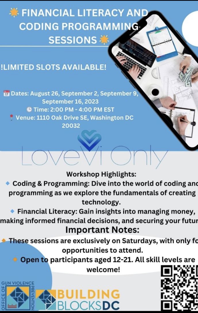 OGVPDCGOV's tweet photo. Financial literacy and coding sessions available beginning Saturday August 26th. https://t.co/J9hsFcAkCb