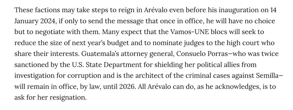 Why will Guatemala's Bernardo Arévalo find it difficult to govern? Lucas Perelló and I explained a few reasons in our latest piece. 1️⃣ Opposition-controlled congress likely to pass restrictive budget & pack in corrupt judges. 2️⃣ Criminal cases against Semilla still open...