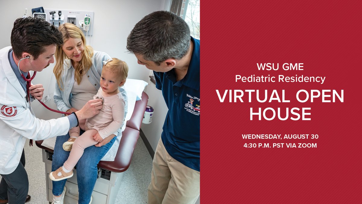 Calling #MedStudentTwitter! We invite you to attend a virtual open house to learn about the WSU Pediatric #Residency Program in Spokane.
Help provide compassionate care to children in our communities.
Register ➡️ ow.ly/gWX050PCyXA

#WSUMedicine #MedEd  #PedsMatch2024