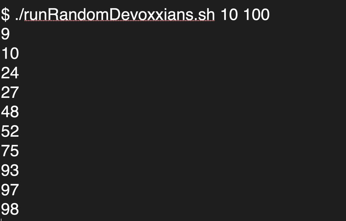 Stephan007's tweet image. #!/bin/bash

numDigits="$1"
range="$2"

# Generate a sequence of numbers, shuffle them
# take the first numDigits numbers, and sort them

jot "$range" 1 "$range" | sort -R | head -n "$numDigits" | sort -n

#Devoxx  #TestRun👍🏼