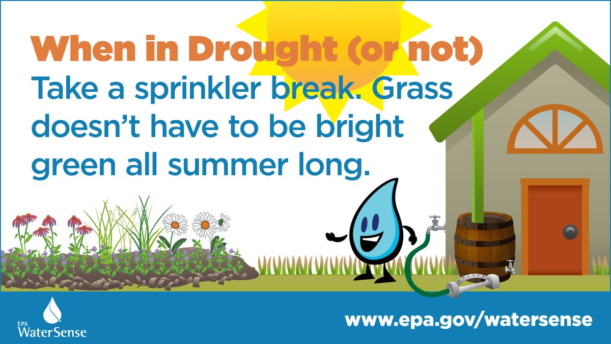 NorthHempstead's tweet image. It’s dry out there—is your summer water use on the rise? Be drought aware and cut back on landscape irrigation, fix leaks in your home, install WaterSense labeled products, and the right plant varieties to save. #WaterWednesday #WaterSensePartner epa.gov/watersense/dro…