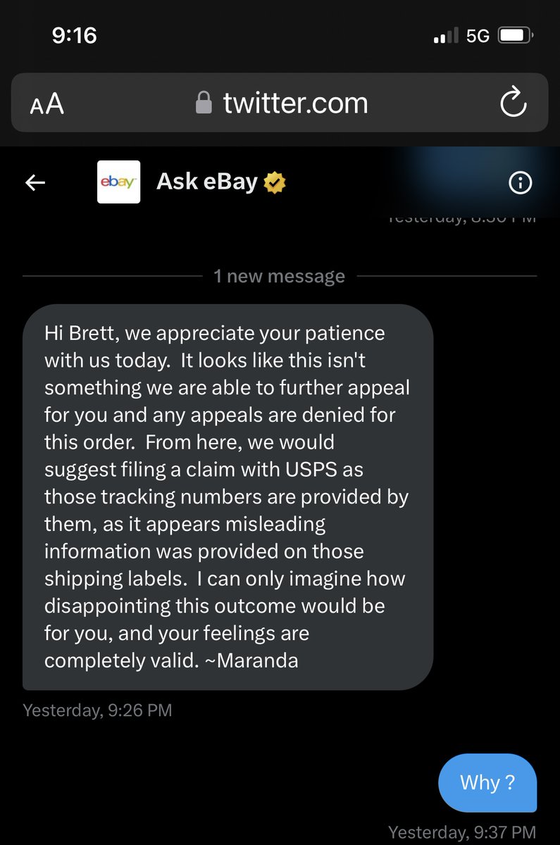 Chassengrooves's tweet photo. @AskeBay I DID DM with your twitter team ,this is the reply I got … basically telling me to take it up with my mail carrier ….they’re not responsible YOU are and not only that the seller has no sales and has had the account for THREE WEEKS , I’ve been an eBay customer for MANY  years. https://t.co/STKEtqID5X