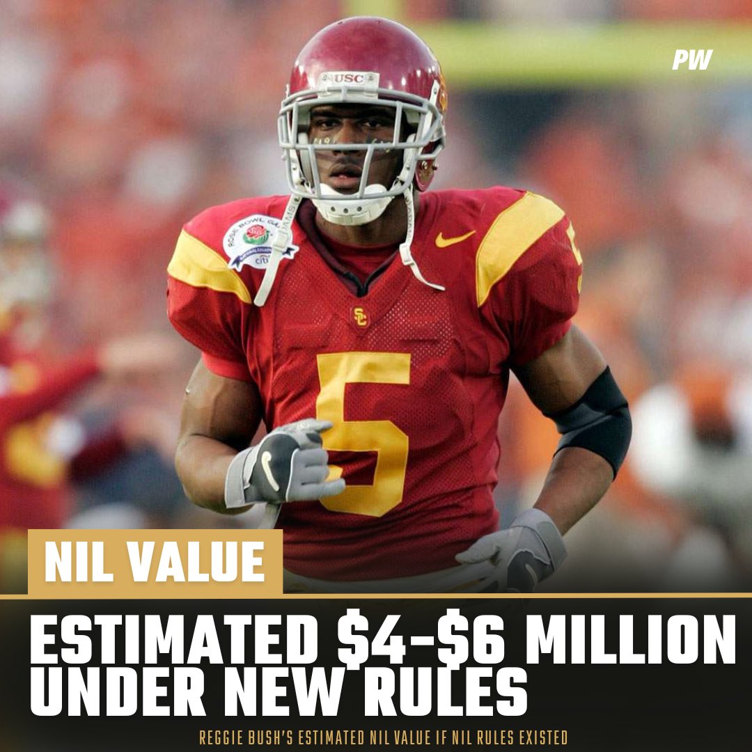 PlayersWrldX's tweet photo. The NCAA &amp; USC collected millions from the name of the 2005 Heisman Trophy Winner: Reggie Bush. The NCAA took away Bush’s Heisman Trophy for collecting $300K under the table. It’s estimated, that under new NIL rules, the superstar could’ve collected $4-$6 Million while playing. https://t.co/DV0CanRjnh