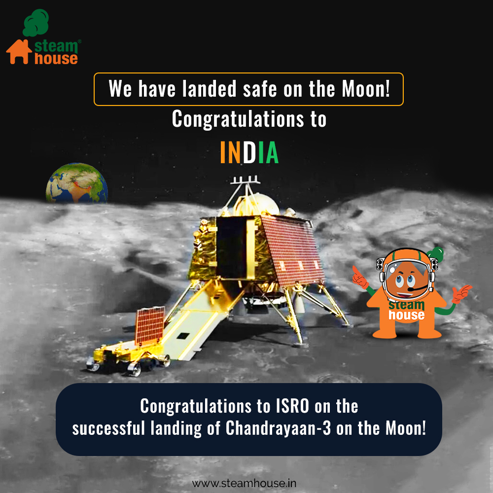SteamHouseIndia's tweet photo. We are proud of the outstanding accomplishment of @isro . Congratulations to India on setting its footprint on the Moon. #Chandrayaan3
#moon #missionmoon #india #steamhouse https://t.co/oYpTV9a027