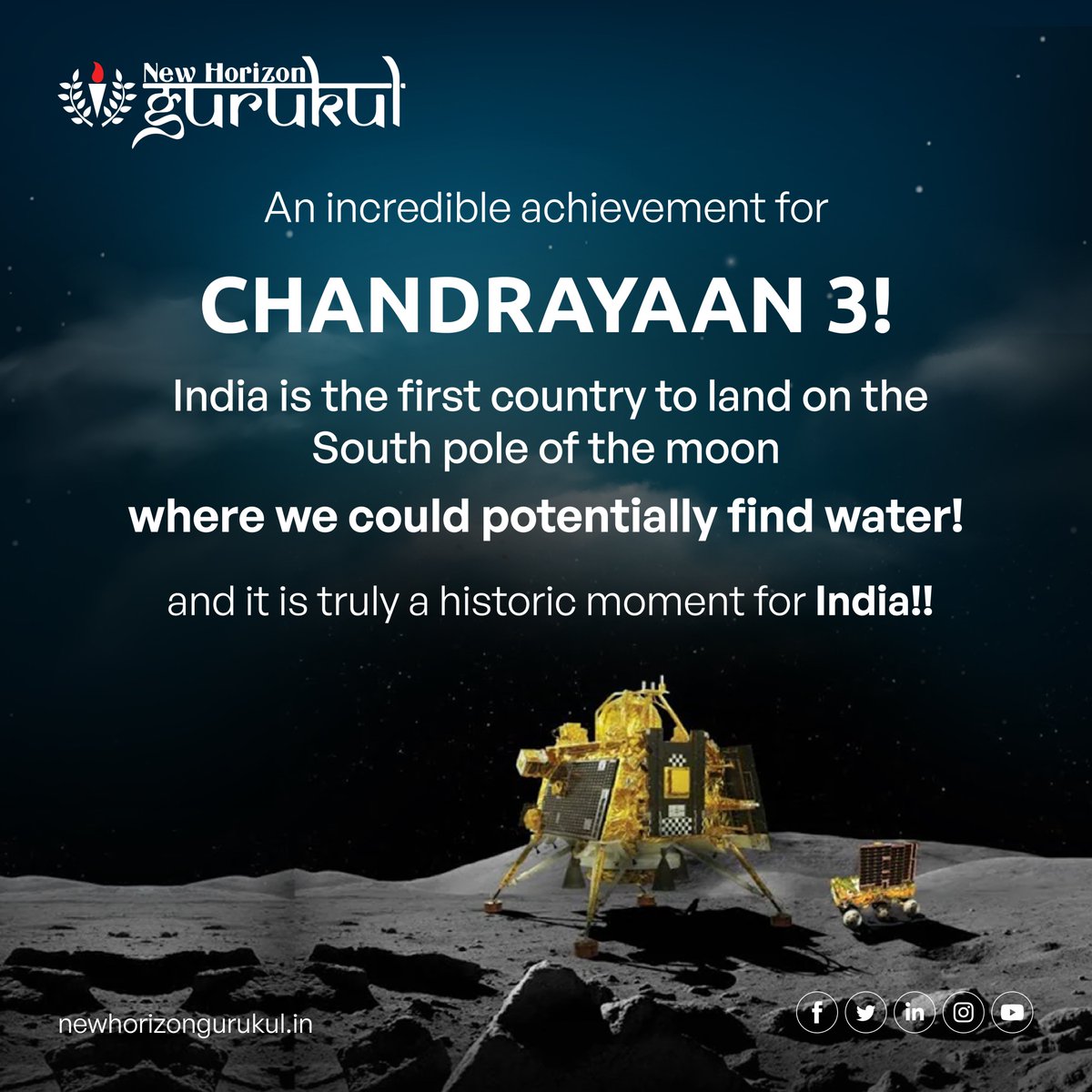 NHGurukul's tweet photo. The successful landing on the moon's south pole is truly a historic moment for India and the world. 🚀📷Congratulations to the #Chandrayaan_3 team on this fantastic accomplishment! #Chandrayaan3Landing #chandrayaan3mission #chandryaan3📷 #proudmoment #ISRO https://t.co/p6tvIGwpCv