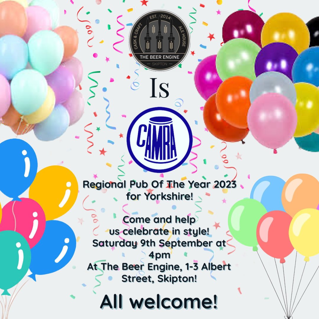 SkiptonBeer's tweet photo. Who’s coming to celebrate with us on September 9th?
@keighleycamra @CAMRA_Official 

#skipton #skiptonpub #regionalpuboftheyear #poty #caskale #camra #craftbeer #blownaway https://t.co/3oupkD7BP3