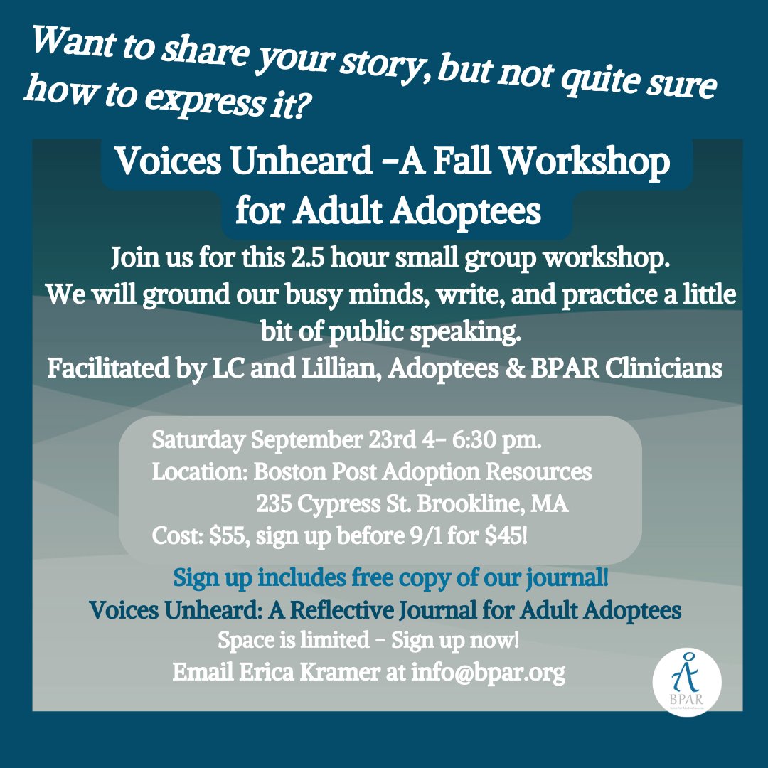 Adult adoptees: Want to share your story, but aren’t quite sure how to express it? Practice journaling and public speaking in a small group setting. This 9/28 workshop is led by LC and Lillian, who are adoptees themselves. Sign up by Sept. 1st for a discount! #storytelling