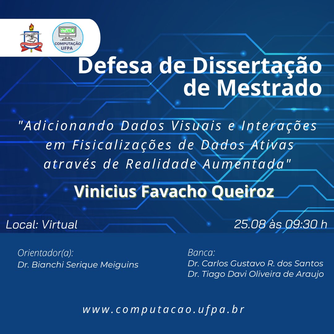 computacaoufpa's tweet image. A coordenação do PPGCC convida a comunidade acadêmica para assistir a Defesa de Dissertação de Mestrado do aluno Vinicius Favacho Queiroz no dia 25.08 às 09:30h.

Local: Virtual

Observação: Peça o link da sala para o orientador(a)

#UFPA #ICEN #COMPUTAÇÃO #PPGCC