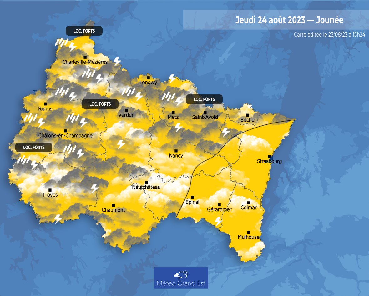 MeteoGrandEst's tweet photo. ⚡ℹ Les #orages font leur retour ce jeudi matin et après-midi sur Champagne-Ardenne et Nord #Lorraine. Encore de fortes chaleurs vers l'#Alsace.
Nuit de jeudi à vendredi orageuse. Une nouvelle carte sera publiée.
#MeteodeDemain #meteo #GrandEst https://t.co/7oOwiYMICq