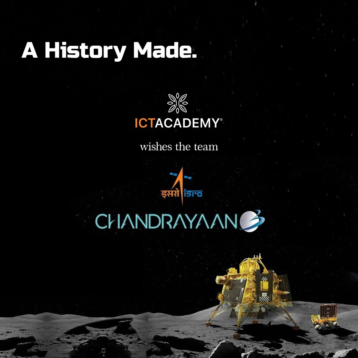 ictacademyindia's tweet photo. ICT Academy extends a hearty wishes to the ISRO's team Chandrayaan.

Join us in wishing the brilliant minds behind Chandrayaan-3 the very best as they venture into an unexplored mission.

#ICTAcademy #Chandrayaan #ExplorationUnleashed #IntoTheCosmos #ProudSupporter https://t.co/mTFgZAyhZH