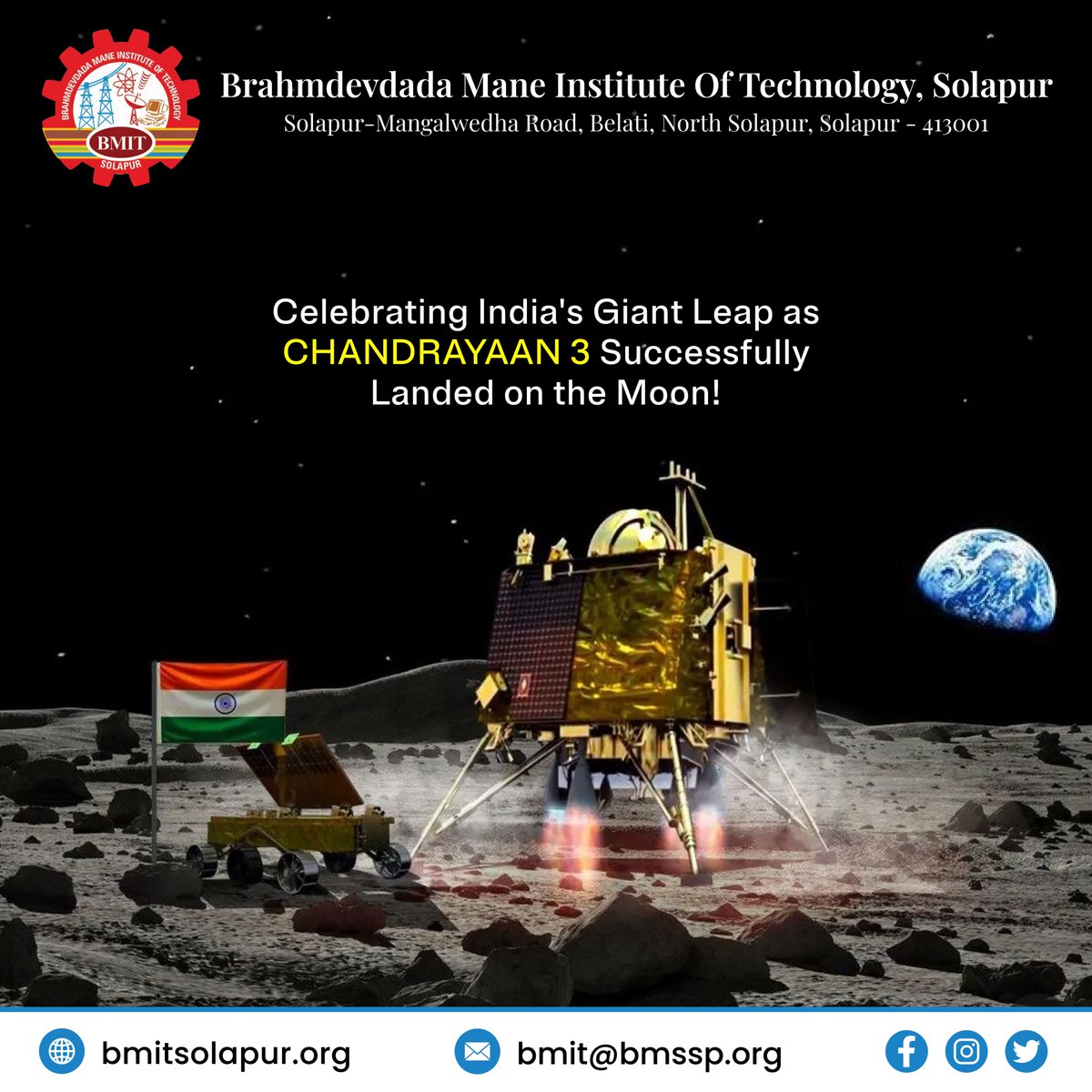 Bmit_Solapur's tweet photo. Another giant leap for mankind! 📷Congratulations to ISRO on the successful landing of Chandrayaan 3 at the Moon's south pole. 

#bmitcollege #isro #isroscientists #chandrayaan3 #chandrayaan3successfull #indianscientists #successful #missionsuccessfull #landing #india  #isroindia https://t.co/gSkOa71CRb