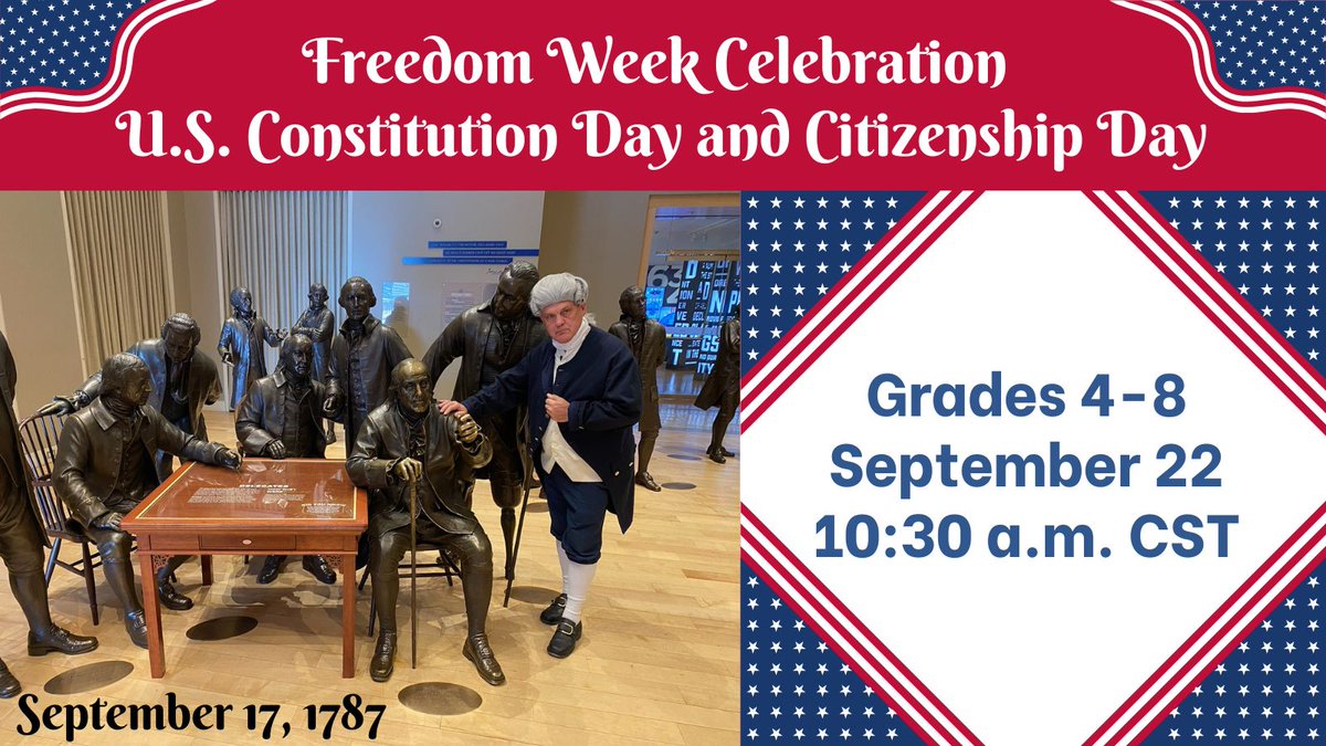 Connect2Texas (@connect2texas) on Twitter photo What happened on Sept. 17, 1787? Do your students know about the "Documents of Freedom" or what rights & responsibilities come with civil liberties? Join <a href="/PacWarMuseum/">Pacific War Museum</a> to fulfill the #FreedomWeek educational requirement. Register bit.ly/2WmcIf4. Multiple dates available! What happened on Sept. 17, 1787? Do your students know about the "Documents of Freedom" or what rights & responsibilities come with civil liberties? Join <a href="/PacWarMuseum/">Pacific War Museum</a> to fulfill the #FreedomWeek educational requirement. Register bit.ly/2WmcIf4. Multiple dates available!