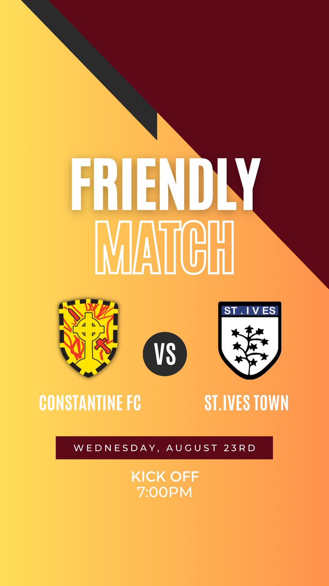 One more Pre-season fixture for you, our first team are hosting St.Ives this evening! 

Come enjoy a beautiful evening out The Tine ☀️