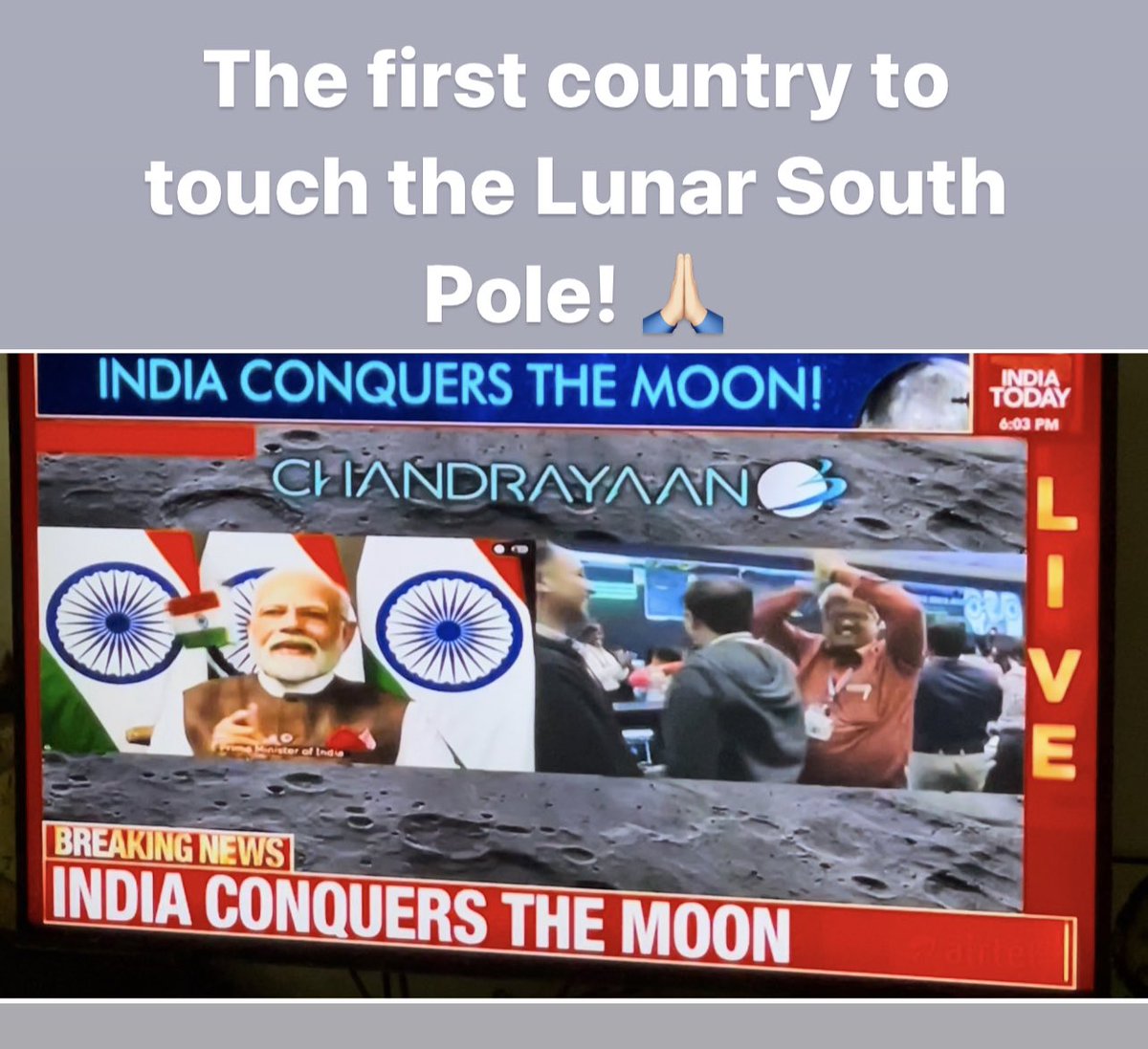RGBTweetsHere's tweet photo. India becomes the first country to touch the Lunar South Pole! What a Herculean feat and a truly iconic historical moment 🙏🏻♥️🇮🇳 #Chandrayaan3 #Chandrayaan3Landing #Chandrayaan3Mission #ISRO #India #HistoryMade https://t.co/L1R0dEcJs9