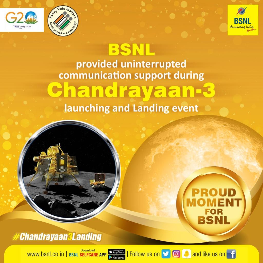 cgm_mh_bsnl's tweet photo. Congratulations Team ISRO &amp; all Indians for a great success of landing Chandrayan 3.Proud moment for 1.4 billion Indians.
Congratulations to BSNL team who provided interruption free BW to ISRO.

 #isro #chandrayaan3  #IndiaOnTheMoon #BSNL https://t.co/FGpIuROTPq