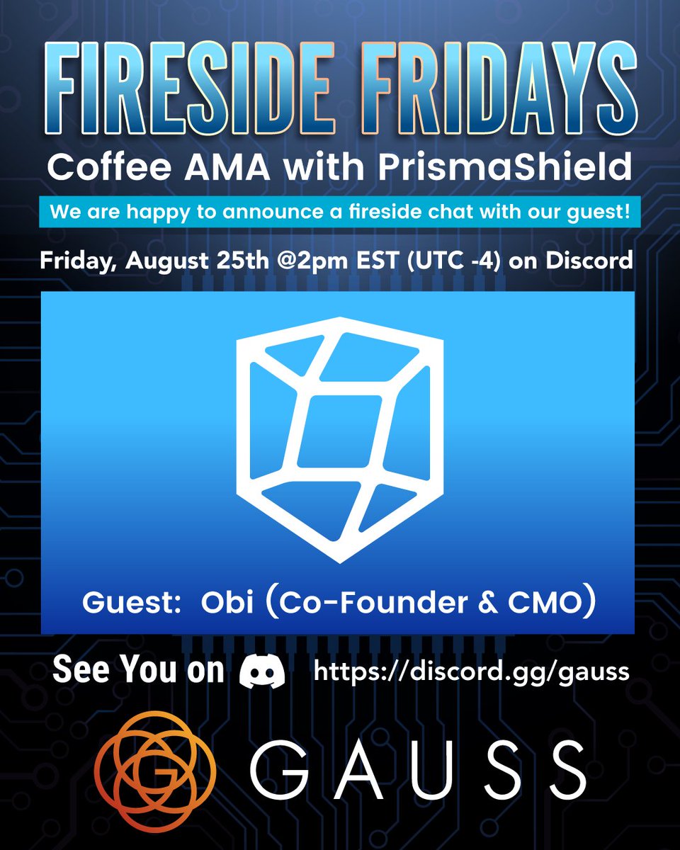 gaussgang's tweet image. Look who's back for the very first time! It's Obi from PrismaShield. We're discussing our partnership and future plans. Thanks for joining in advance! Friday, Aug 25, -4 UTC 

(figure it out 'Merka)