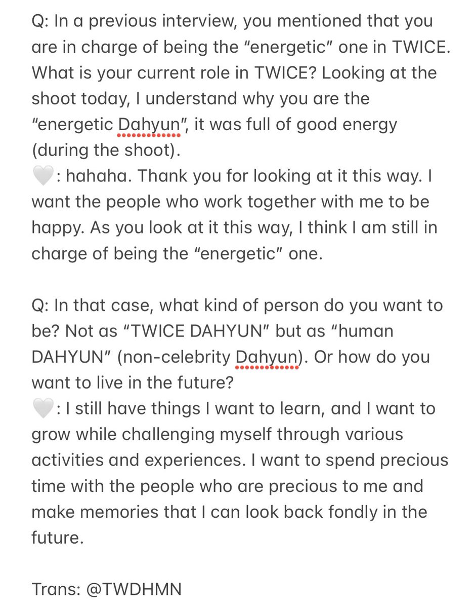 TWDHMN's tweet photo. Full translation of Dahyun’s interview in Bazaar Korea September issue. 

Please give credit when reposting! Do let me know if there are any inaccuracies.

Credits to @/kimbaetong for the screenshot.

#다현 #DAHYUN https://t.co/V86GoCFMNS
