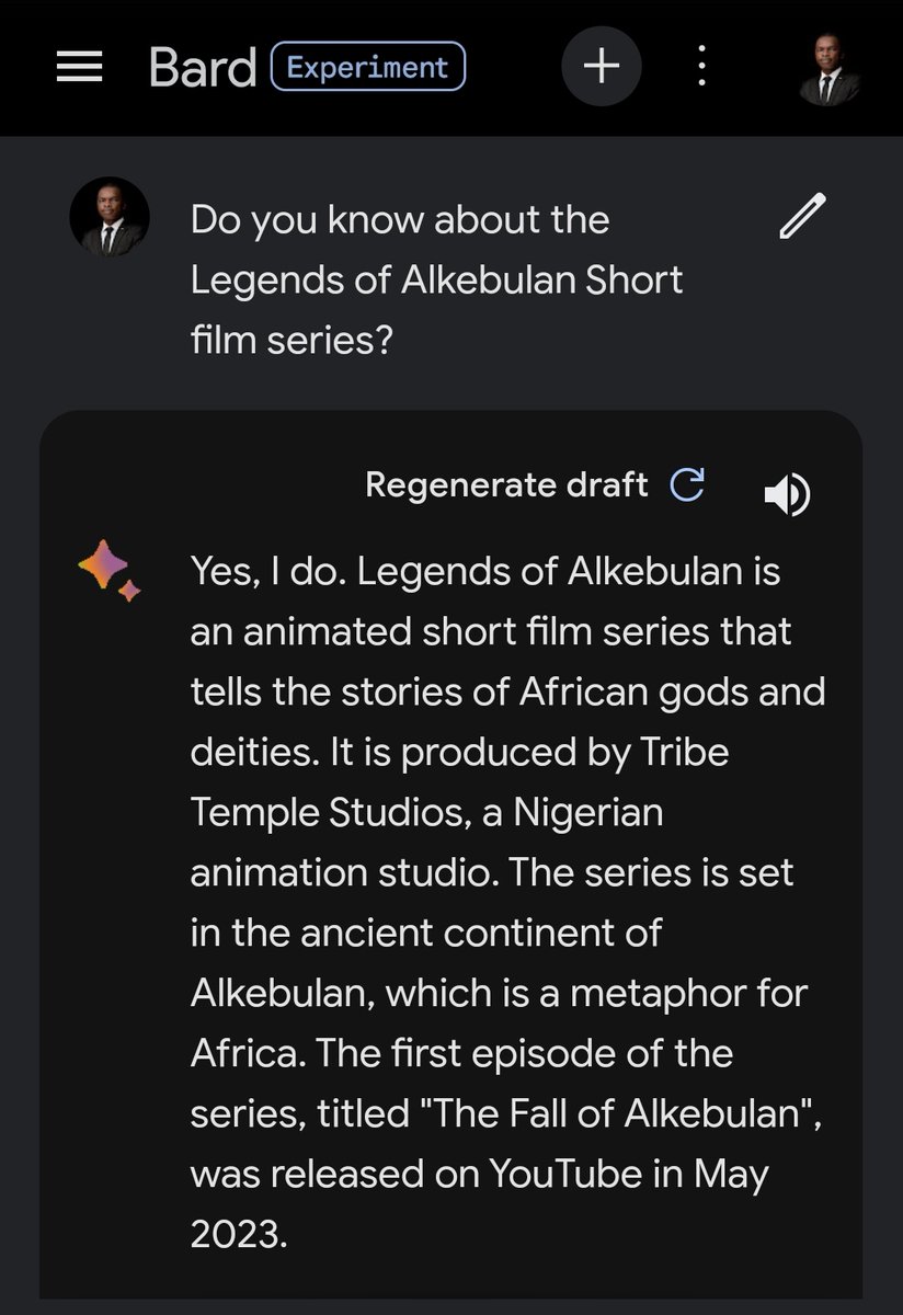 Alkebulantribe's tweet photo. So we asked #AI whether it knows about our #LegendsofAlkebulan short film series and here's the response 😁👇👇👇

Watch the Legends of Alkebulan Pilot Episode on @YouTube here: https://t.co/HXDjNBJnvU https://t.co/wUCOTG6GlR