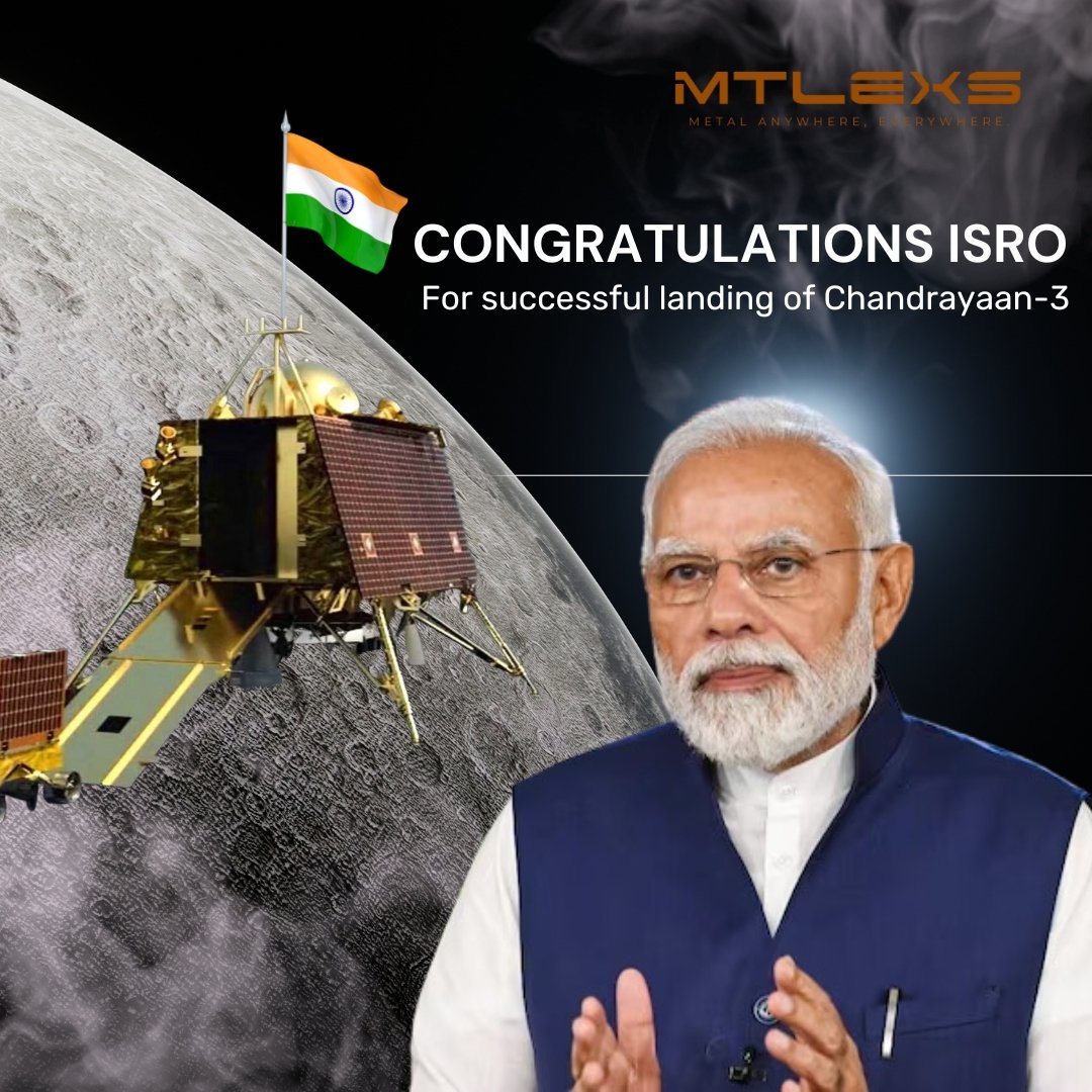 Mtlexs's tweet photo. Congratulations to @isro for this amazing feat of being the first country to successfully land Chandrayaan-3 on the South Pole of Moon. 

#proudIndians #mtlexs #Chandrayaan3 #Chandrayaan3Landing https://t.co/23FNNmSUKI