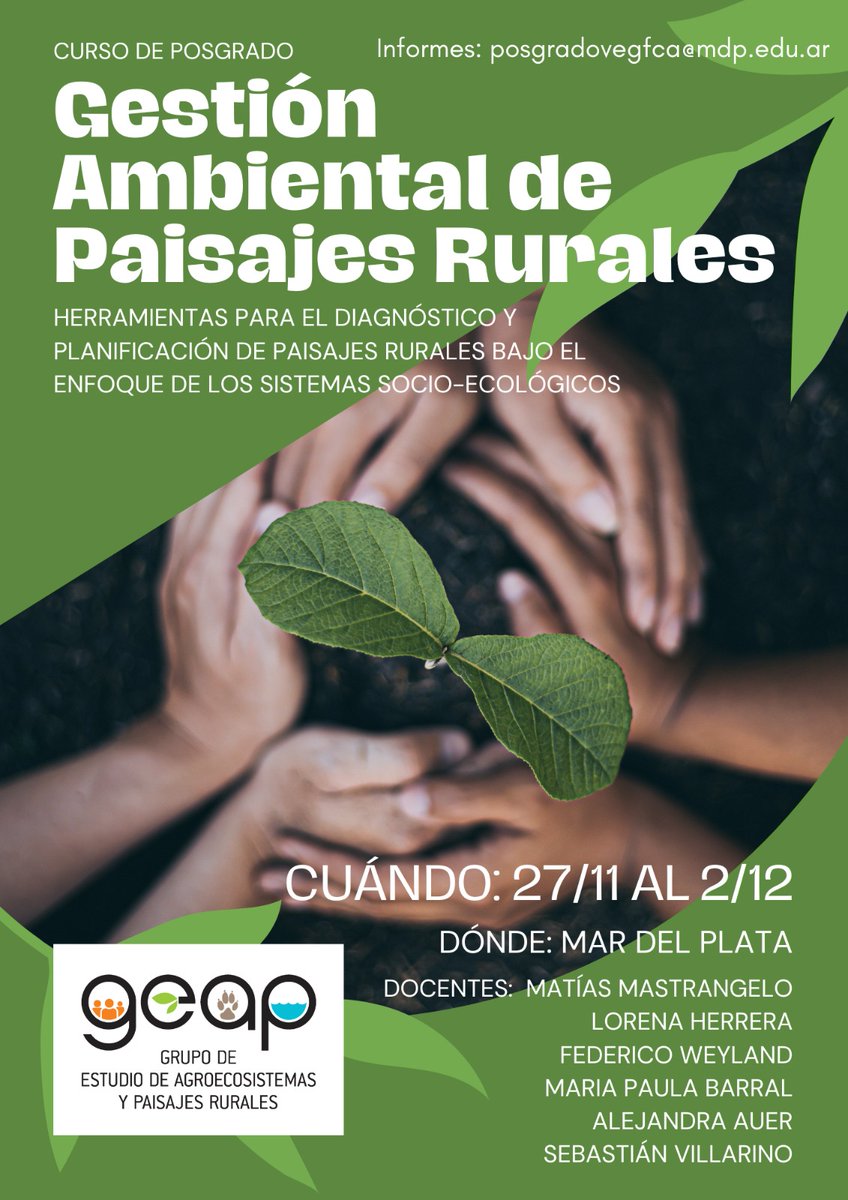 Buscás plan post RAE?? 
Curso de posgrado "Gestión ambiental de paisajes rurales" en noviembre en Mar del Plata, dictado por el GEAP. 

Informes por mail
✉️ posgradovegfca@mdp.edu.ar