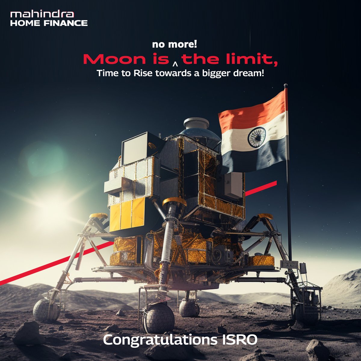 MahindraHomeFin's tweet photo. Hats off to ISRO for Chandrayaan 3's successful touchdown! Your achievements remind us that reaching for the stars, like owning a home, is a journey worth celebrating. 

#MahindraHomeFinance #MahindraRise #TogetherWeRise #ISROIndia #ChandrayaanSuccess #IndiaOnMoon https://t.co/DZi6j5zsj3