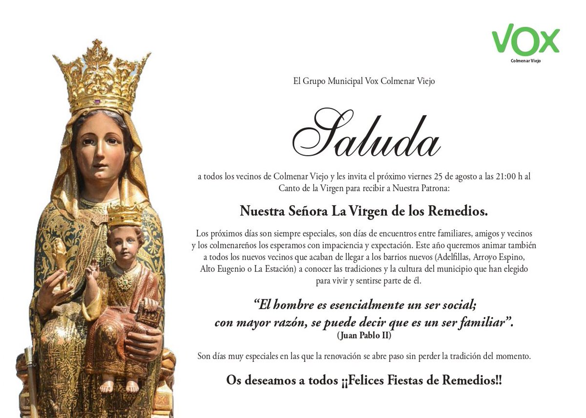 VOX_ColmenarV's tweet photo. Se acercan nuestras Fiestas Patronales.
Nuestros concejales @aibar_susana @ENAHCV y @nudihe llevan días participando en los diferentes eventos previos.
#Vox SIEMPRE apoyara las Tradiciones 
Queríamos desearos a TODOS los vecinos de #ColmenarViejo
Felices Fiestas ‼️ https://t.co/pzxy0n85vW