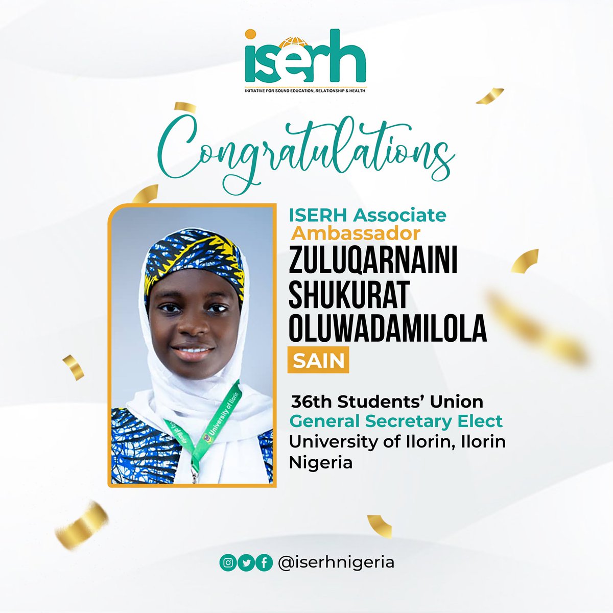 ISERH (@iserhnigeria) on Twitter photo The Management of <a href="/iserhnigeria/">ISERH</a> hereby celebrates, felicitates& congratulates ISERH Associate <a href="/I_am_SAIN/">Shukurat Oluwadamilola (SAIN)</a> for her emergence as the 36th General Secretary elect of the <a href="/UilStudentUnion/">Unilorin SU</a>
<a href="/I_am_SAIN/">Shukurat Oluwadamilola (SAIN)</a> was a Scholar of ISERH Undergraduate Studies Class 9 where she got inducted as an IAA The Management of <a href="/iserhnigeria/">ISERH</a> hereby celebrates, felicitates& congratulates ISERH Associate <a href="/I_am_SAIN/">Shukurat Oluwadamilola (SAIN)</a> for her emergence as the 36th General Secretary elect of the <a href="/UilStudentUnion/">Unilorin SU</a>
<a href="/I_am_SAIN/">Shukurat Oluwadamilola (SAIN)</a> was a Scholar of ISERH Undergraduate Studies Class 9 where she got inducted as an IAA