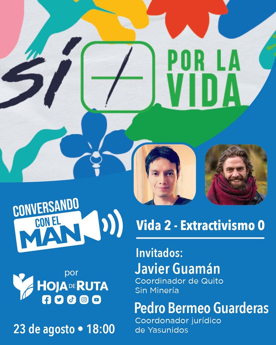 ¡HOY! 18:00 por <a href="/hojaderutaecu/">Omni Network 🤖</a> en #ConversandoConElMAN , 2 grandes victorias por la vida, la naturaleza y los pueblos. Nos acompañarán <a href="/JavierAugmna/">Javier Guamán</a> de #QuitoSinMinería y <a href="/PedroBermeoG/">Pedro Bermeo G</a> de #SíAlYasuní 
¡No te lo pierdas!

Conduce <a href="/animalespuros/">Maritza Rubianes</a>