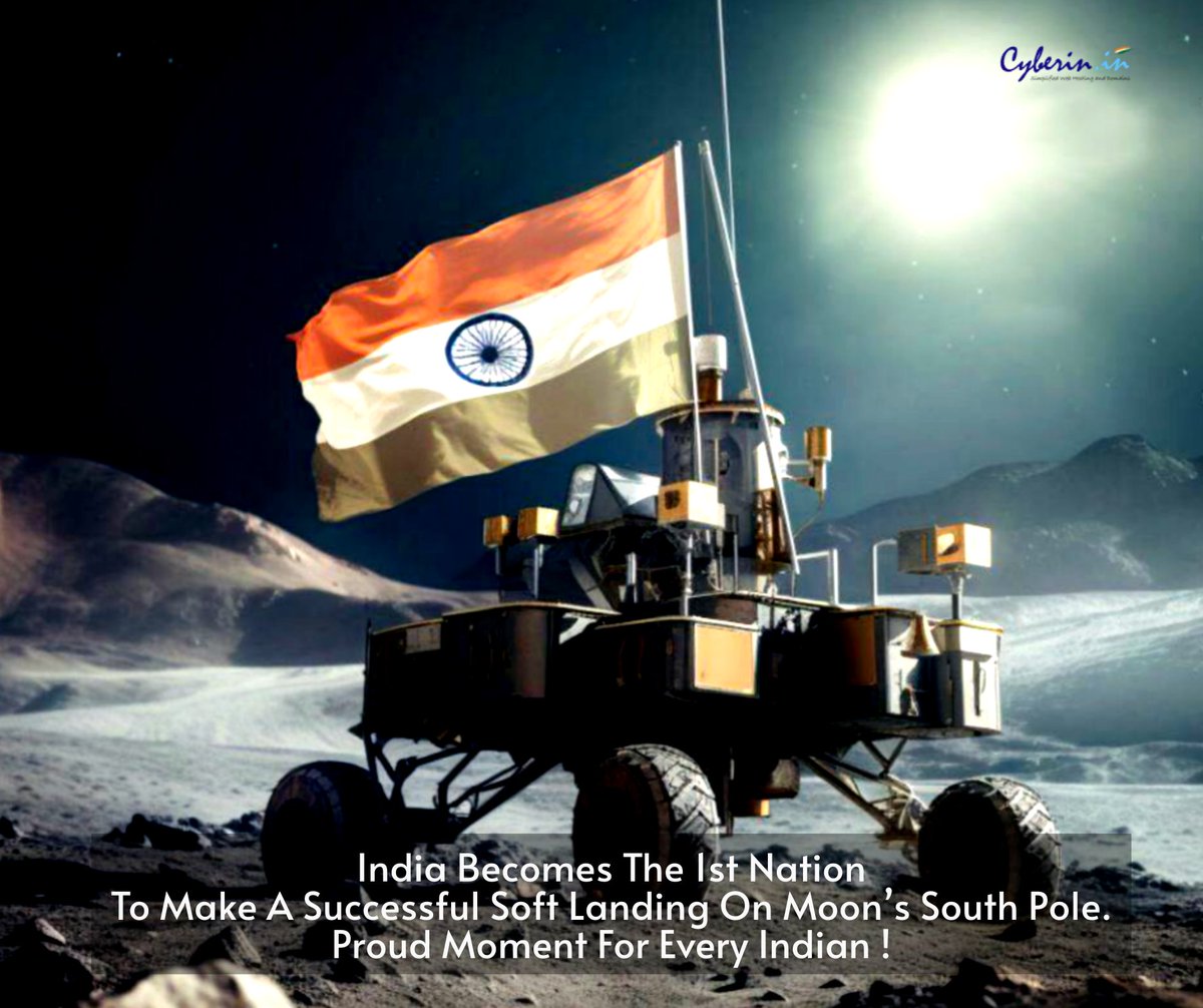 teamCyberin's tweet photo. India Achieves a Landmark Success by Soft Landing at the Moon’s South Pole.
A Moment of Great Pride for Every Indian!

Congrats to #ISRO #Chandrayaan3! https://t.co/ptkaQgyuvF