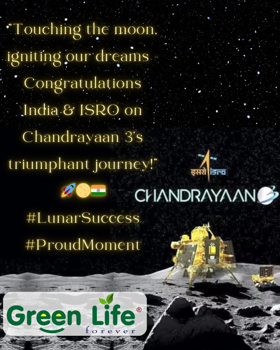 green_lyforever's tweet photo. 🌕🚀Celebrating #IndiaOnTheMoon ! 🇮🇳🛰️ Kudos to @ISRO and our nation for reaching new heights in #space exploration with Chandrayaan 3's successful lunar landing. Let's go for #AdityaL1  while nurturing our own precious planet🌱  #ISRO #Chandrayaan3 #ProudMoment #greenlifeforever https://t.co/Zaw8LwWLlN